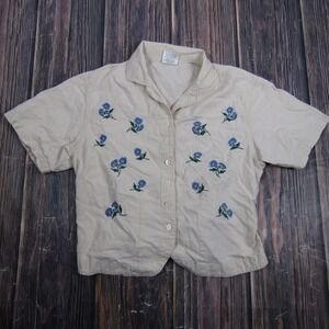 Partners Button Up Shirt Womens Medium Tan Gingham Blue Floral Cotton Granny